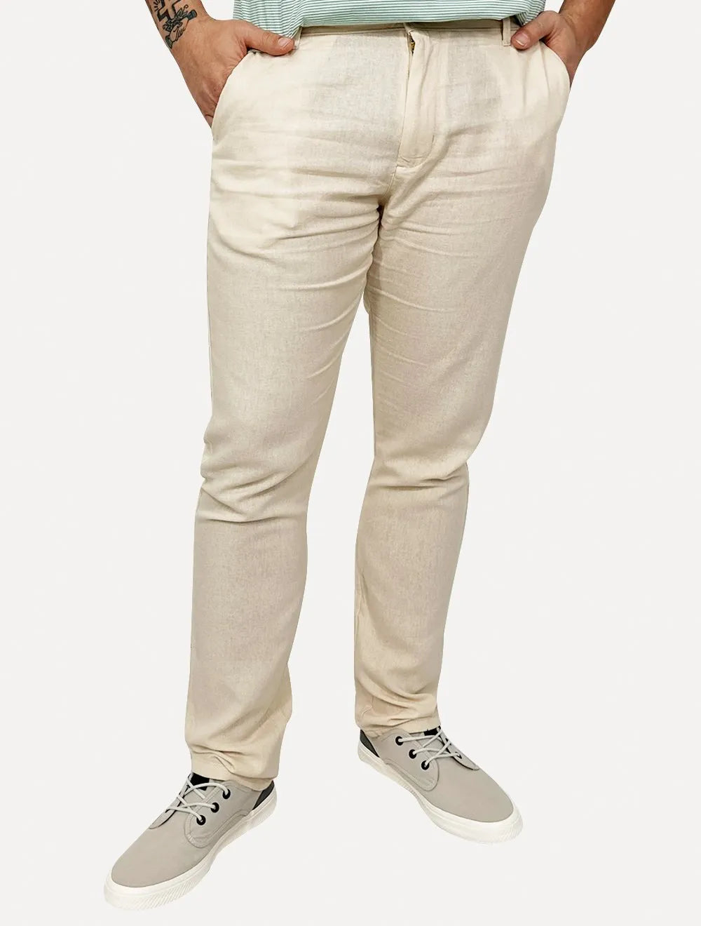 Calça King & Joe Sarja Masculina Slim Linho Buttons Areia