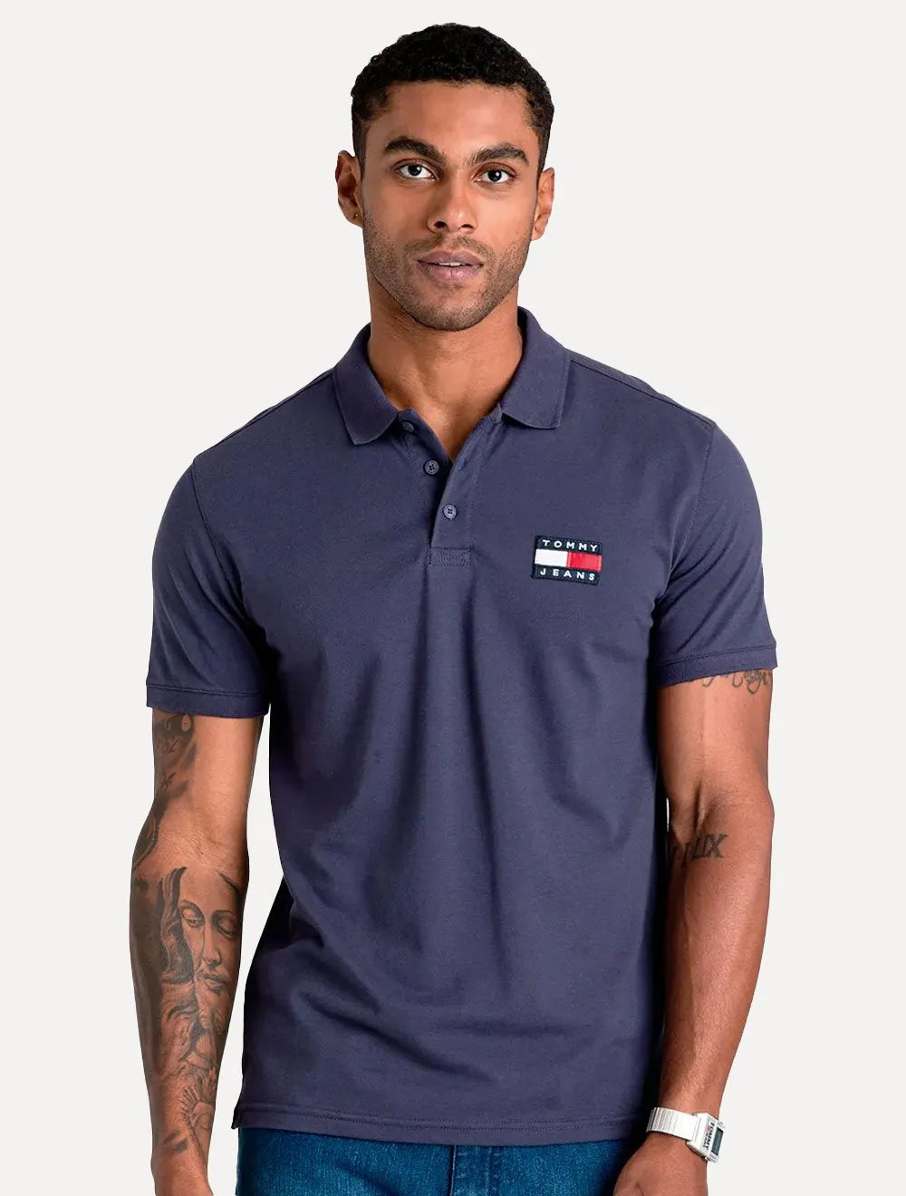 Polo Tommy Jeans Masculina Regular Classic Flag Badge Azul Marinho
