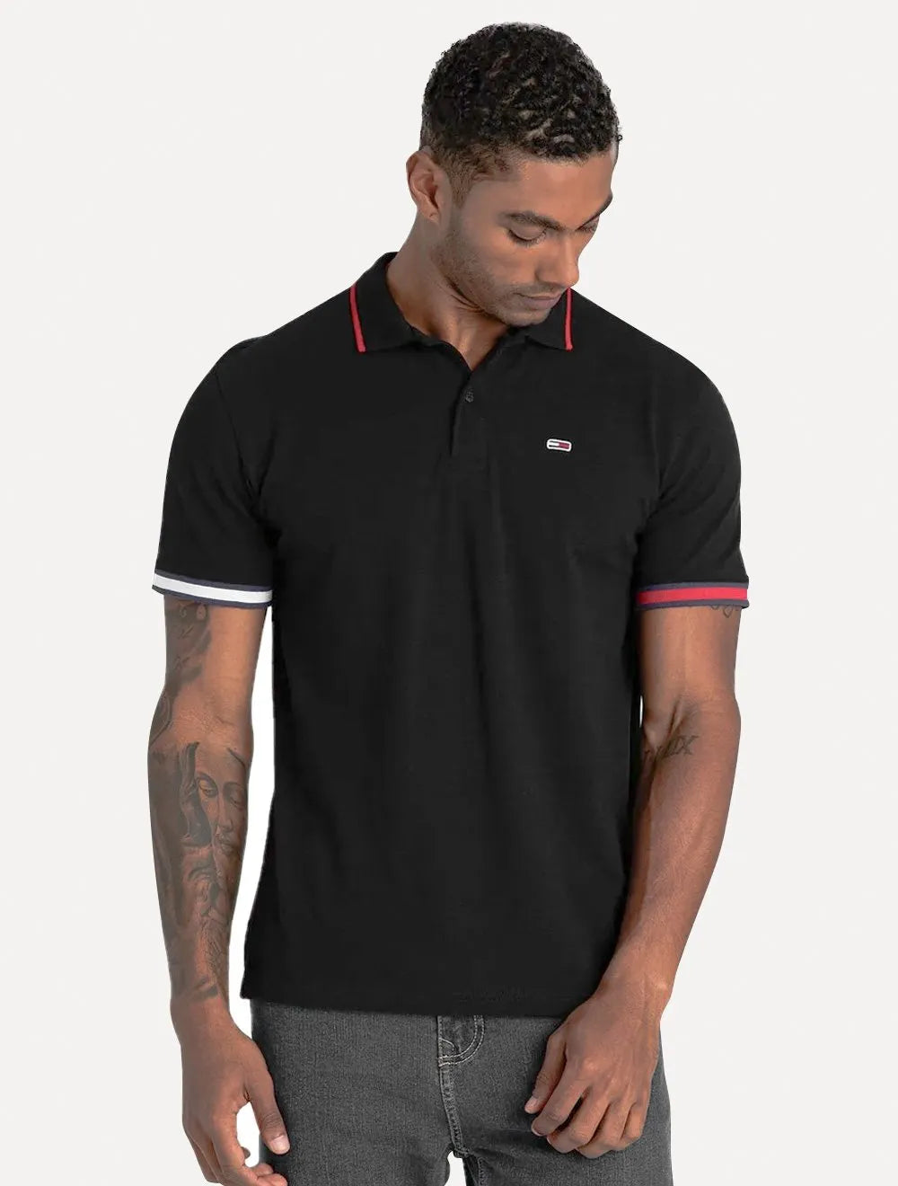 Polo Tommy Jeans Masculina Regular Piquet Flag Cuffs Preta