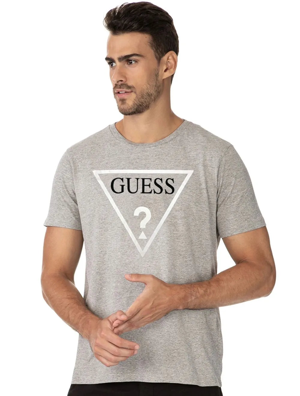 Camiseta Guess Masculina Class Hollow Duo Color Logo Cinza Mescla
