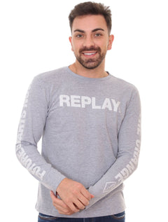 Camiseta Replay Masculina Manga Longa Logo Chest Cinza Mescla