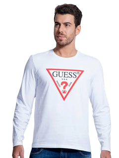Camiseta Guess Masculina Manga Longa Logo Print Branca
