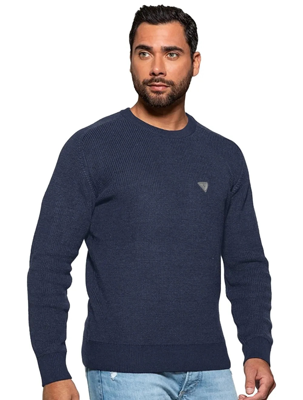 Blusa Guess Tricot Pullover Estonado Logo Azul Marinho