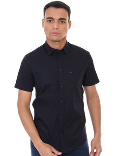 Camisa Tommy Jeans Masculina Manga Curta Solid Poplin Azul Marinho