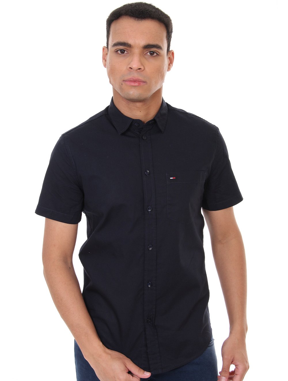Camisa Tommy Jeans Masculina Manga Curta Solid Poplin Azul Marinho