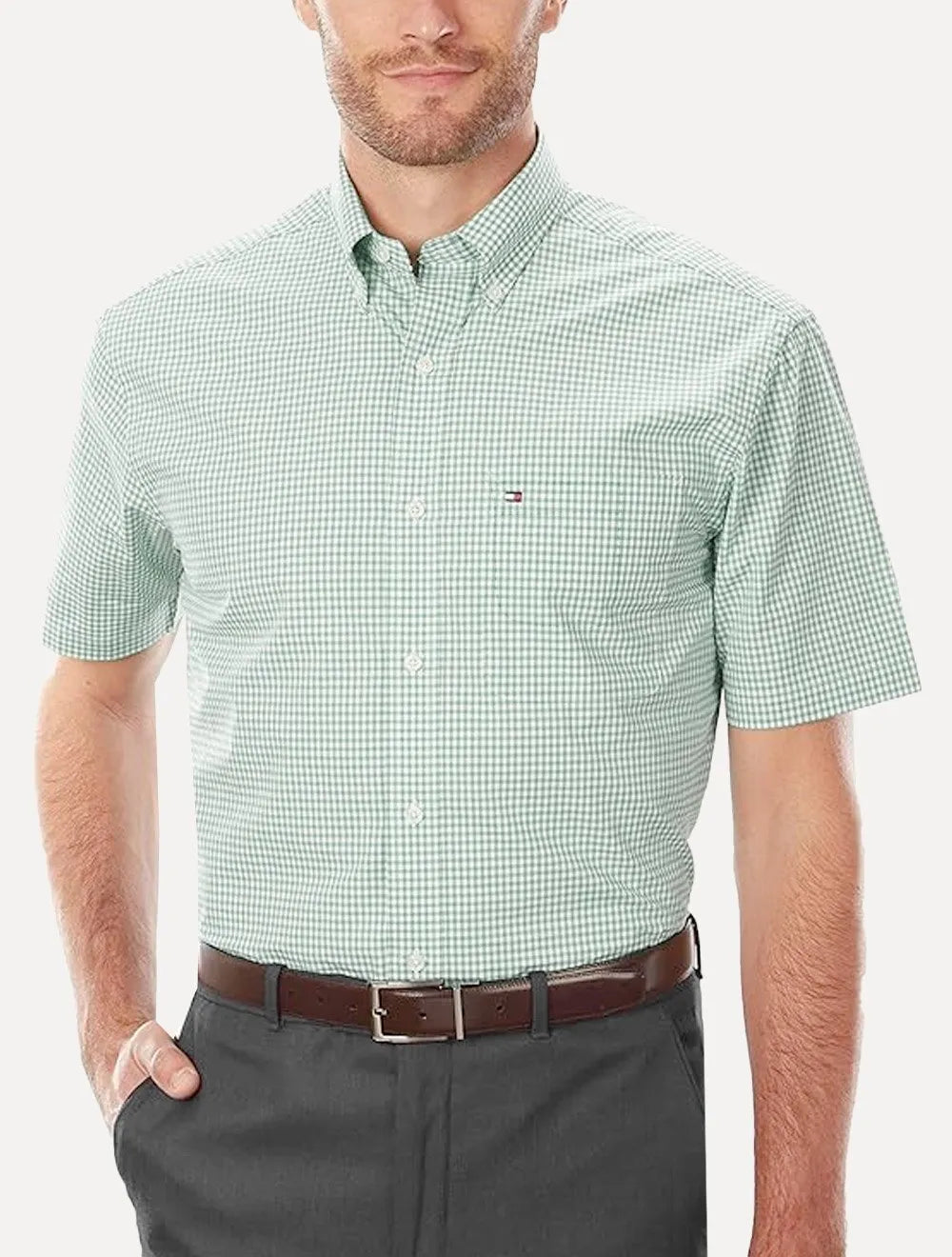 Camisa Tommy Hilfiger Masculina Manga Curta Xadrez Gingham Branca/Verde Claro