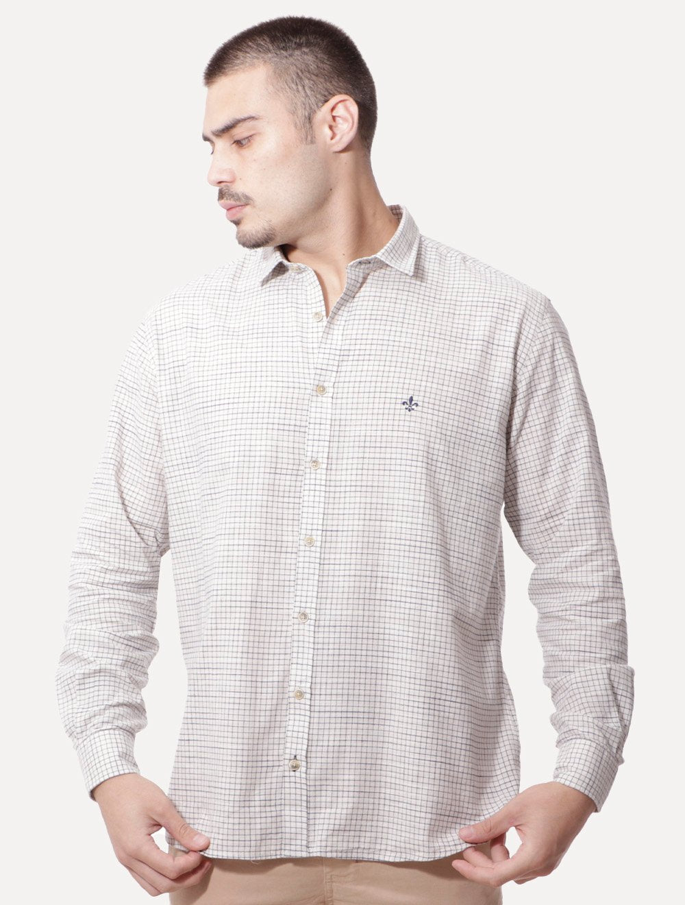 Camisa Dudalina Masculina Slim Slub Cotton Xadrez Off-White