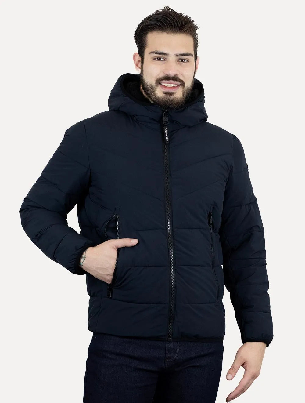 Jaqueta Calvin Klein Masculina Hoodie Matelassê Ziper Azul Marinho