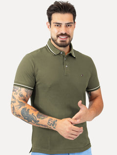 Polo Tommy Hilfiger Masculina Slim Tipped Collar Verde Militar