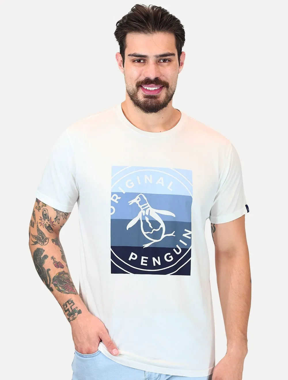 Camiseta Original Penguin Masculina Logo Listras Branca