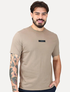 Camiseta Calvin Klein Jeans Masculina Logo Leather Center Marrom Claro