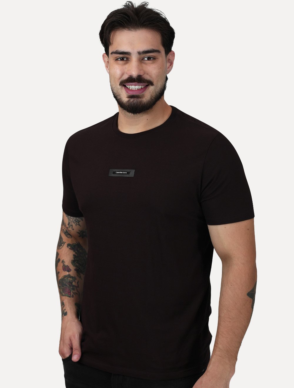 Camiseta Calvin Klein Jeans Masculina Logo Leather Center Marrom