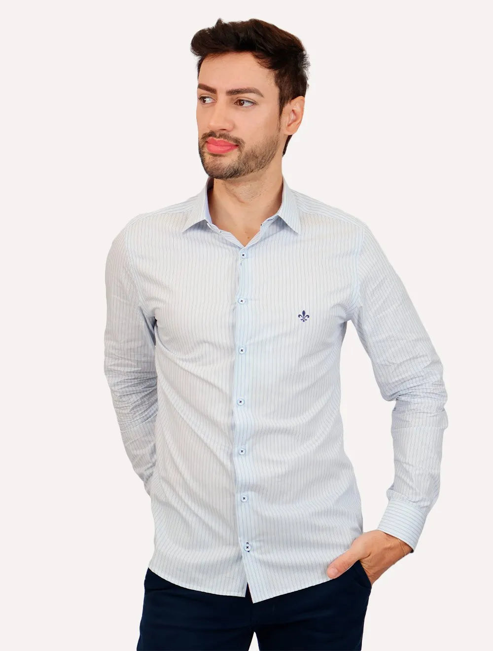 Camisa Dudalina Masculina Milano Fit Easy Icon Listras Azul Claro