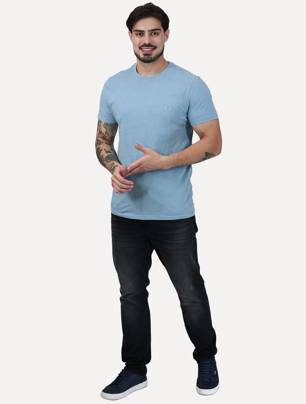 Camiseta Ellus Masculina Cotton Washed Origin. Classic Azul Claro