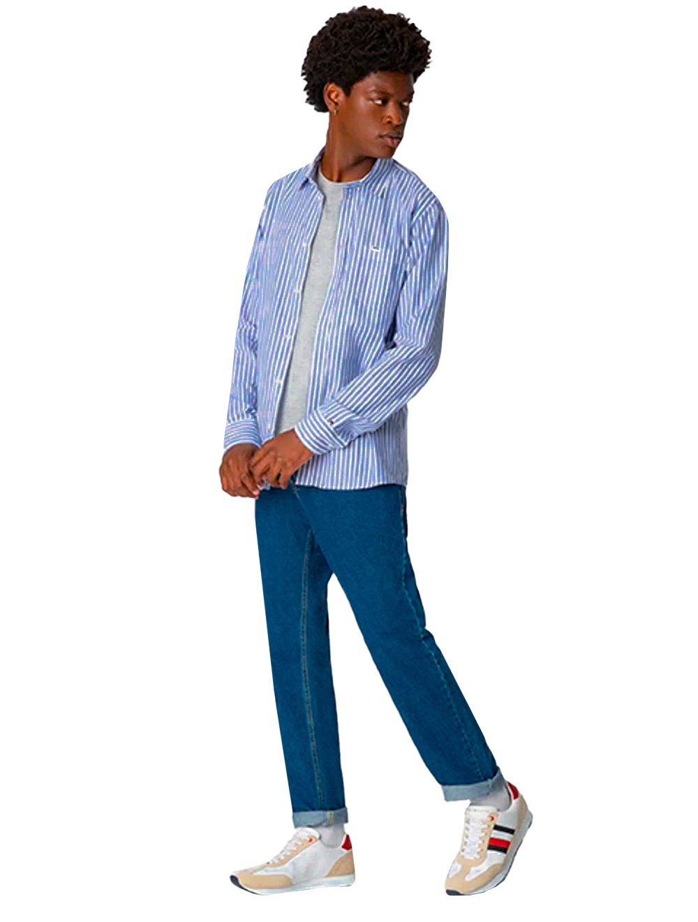 Camisa Tommy Jeans Masculina Striped Linen Blend Pocket Branca Azul Royal