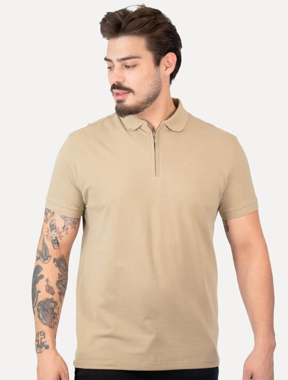 Polo Aramis Masculina Piquet Ziper Cáqui Escuro