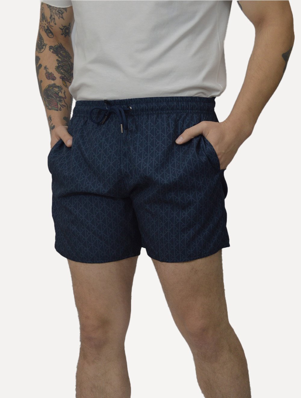 Short Calvin Klein Swimwear Logo AOP Azul Marinho