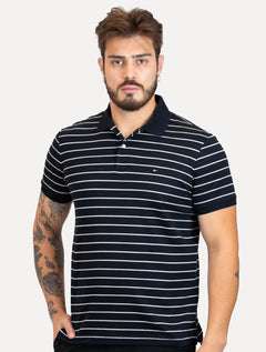 Polo Tommy Hilfiger Masculina Malha Liquid Cotton Striped Azul Marinho