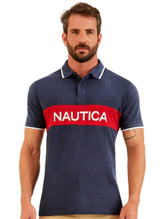 Polo Nautica Piquet Frisos Logo Colorblock Azul Marinho