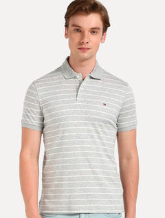 Polo Tommy Hilfiger Masculina Malha Liquid Cotton Striped Cinza Mescla