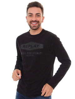 Camiseta Replay Masculina Manga Longa Trade Mark Silk Preta