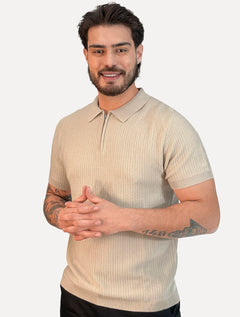 Polo Dixen Masculina Tricot Texturizada Manga Curta Ziper Cáqui Médio