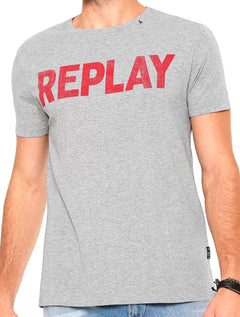Camiseta Replay Masculina Stamp Silk Red Logo Cinza Mescla