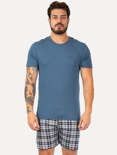 Pijama Calvin Klein Short Curto Viscolight Xadrez Logo Azul Médio
