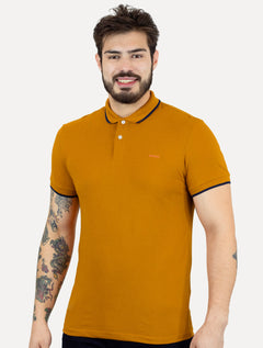 Polo Colcci Masculina Piquet Navy Frisos Orange Logo Amarelo Escuro