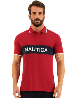 Polo Nautica Masculina Piquet Frisos Logo Colorblock Vermelha