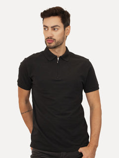 Polo Aramis Masculina Piquet Ziper All Black Preta