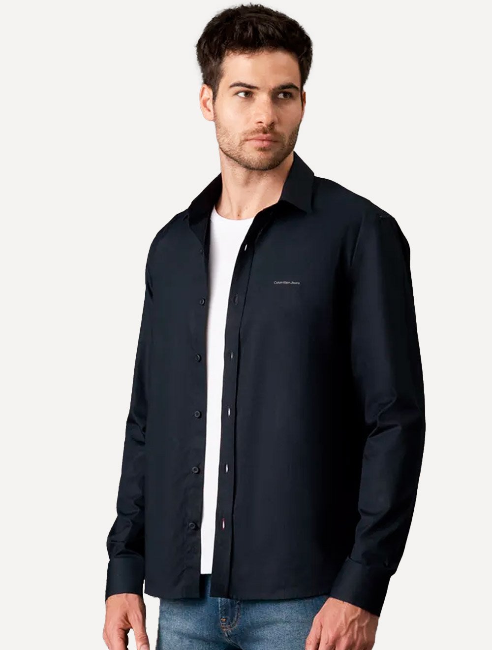 Camisa Calvin Klein Jeans Masculina Regular Plain Grey Logo Azul Marinho