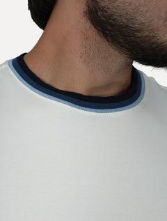 Camiseta Dudalina Masculina Cotton Blue Listra Gola Off White