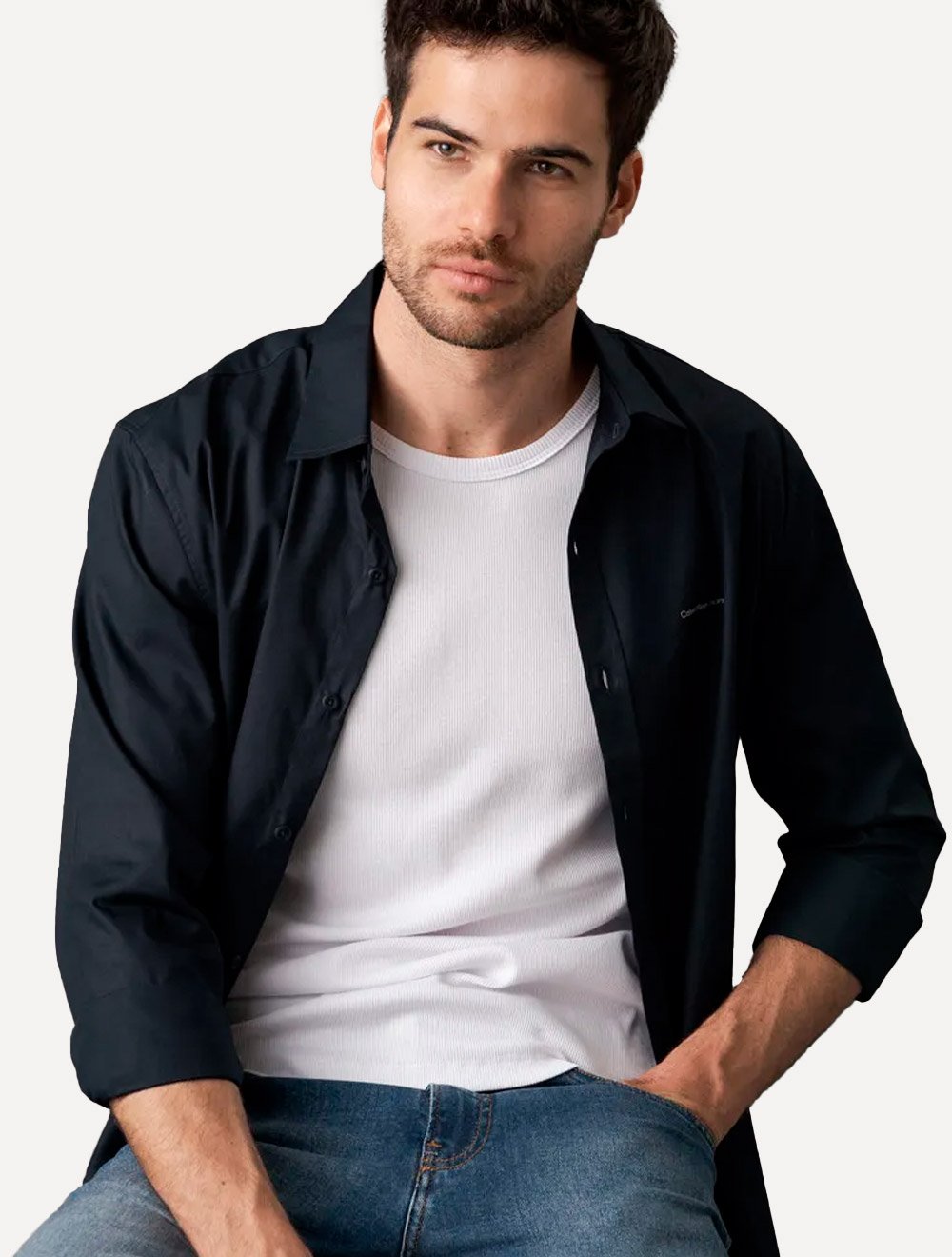 Camisa Calvin Klein Jeans Masculina Regular Plain Grey Logo Azul Marinho