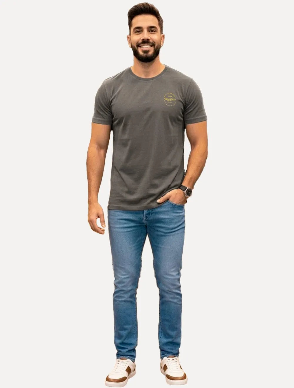 Camiseta King & Joe Masculina Signature Circle Estonada Peito Cinza