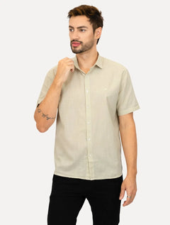 Camisa Ellus Masculina Regular Manga Curta Linen Like Surf New Italian Cáqui Claro