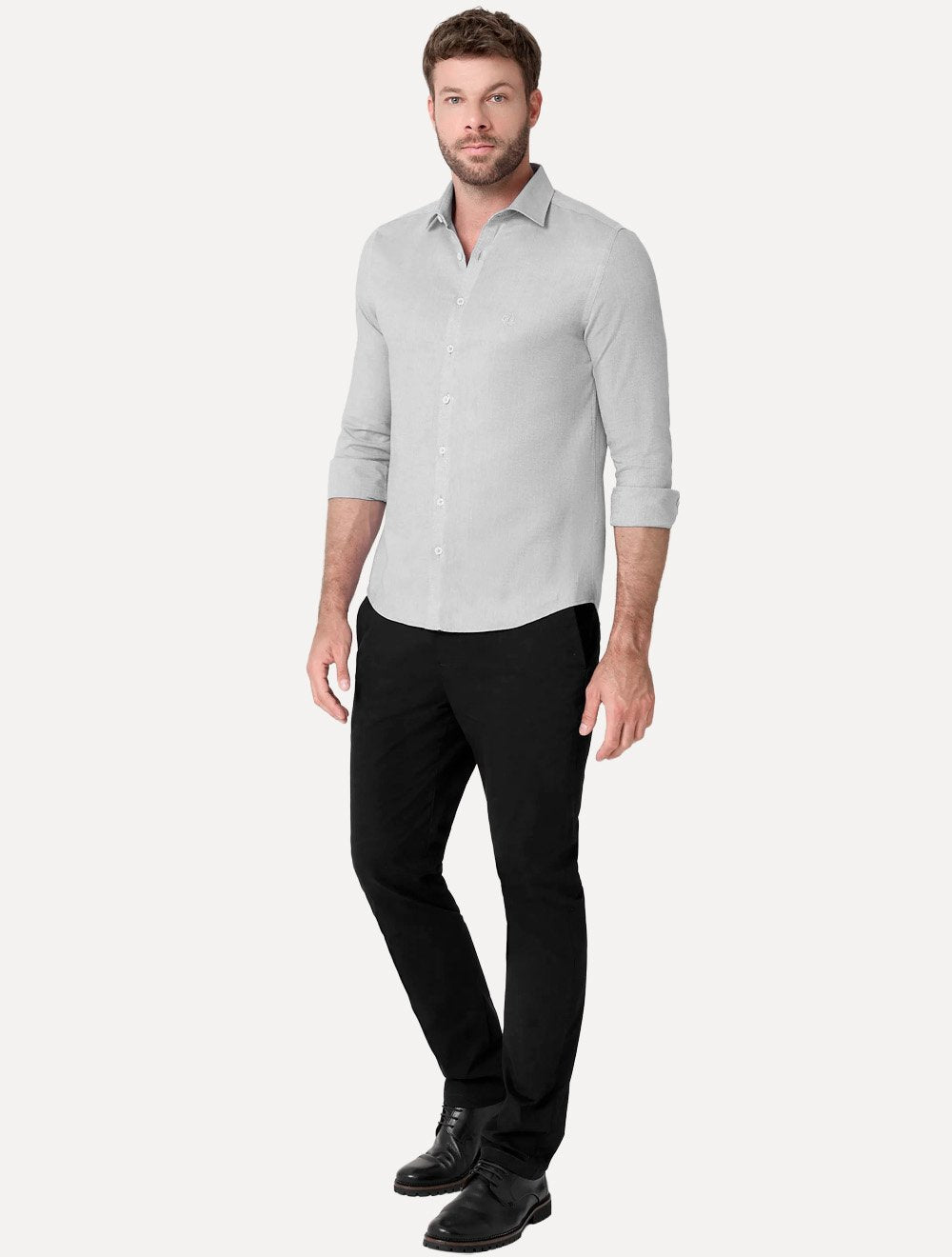 Camisa Dudalina Masculina Milano Fit Tricoline Stretch Oxford Cinza Claro