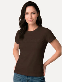 Camiseta Guess Feminina Bold Cursive Embossed Logo Marrom