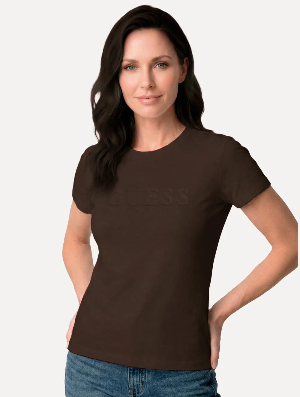 Camiseta Guess Feminina Bold Cursive Embossed Logo Marrom