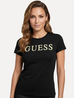 Camiseta Guess Feminina Silk Gold Logo Simple Preta