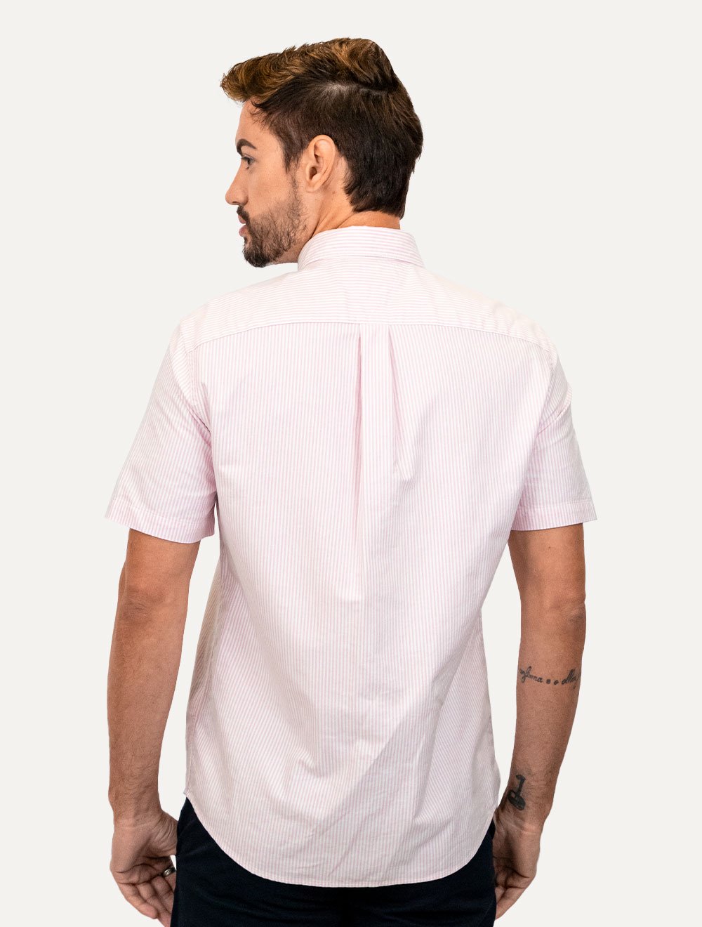 Camisa Tommy Hilfiger Masculina Manga Curta Regular Oxford Stripes Rosa Mescla