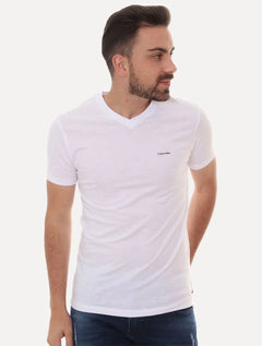 Camiseta Calvin Klein Masculina V-Neck Logo Flamê Branca