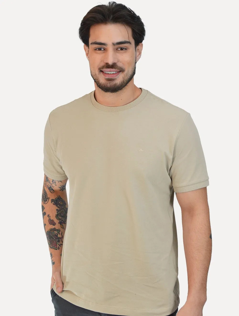 Camiseta Aramis Masculina Piquet Gola Retilinea Textura Cáqui Claro
