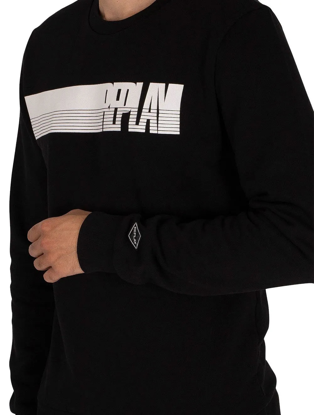 Moletom Replay Masculino Crewneck Brand Stripes Preto
