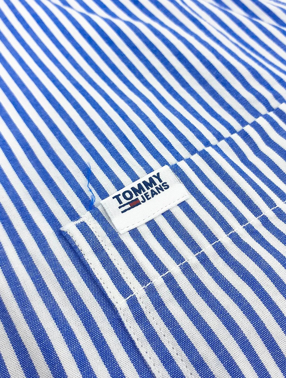 Camisa Tommy Jeans Masculina Striped Linen Blend Pocket Branca Azul Royal