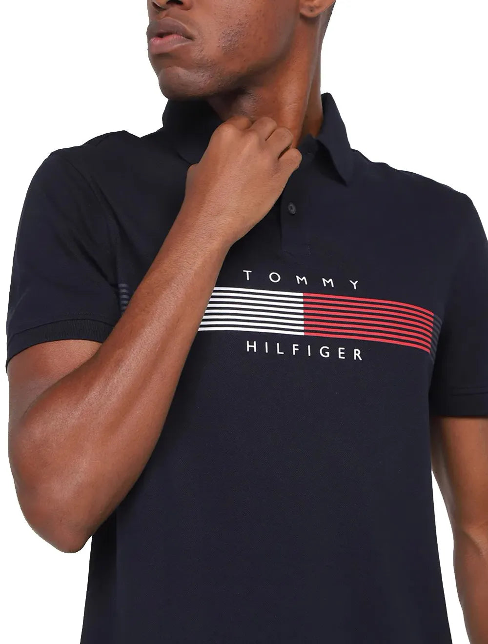 Polo Tommy Hilfiger Masculina Piquet Chest Striped Logo Azul Marinho