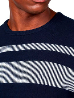 Suéter Dudalina Masculino Tricot Crewneck Listras Azul Marinho