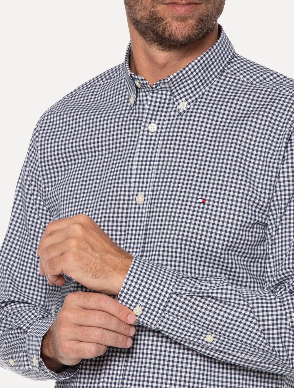 Camisa Tommy Hilfiger Masculina Xadrez Gingham Branca/Marinho