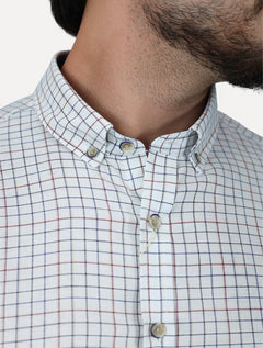 Camisa Dudalina Masculina Slim Superfine Cotton Xadrez Grid Branca
