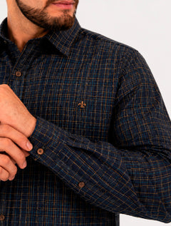Camisa Dudalina Masculina Slim Slub Cotton Flame Xadrez Azul Marinho